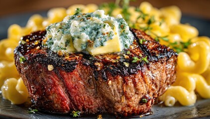 Grilled steak with blue cheese butter, served with mac and cheese