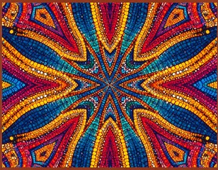 A vibrant, symmetrical mosaic pattern radiates outward from a central point, featuring a kaleidoscope of bold colors and geometric shapes.