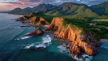 Dramatic coastal cliffs meet turquoise ocean at sunrise