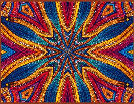 A vibrant, symmetrical mosaic pattern radiates outward from a central point, featuring a kaleidoscope of bold colors and geometric shapes.