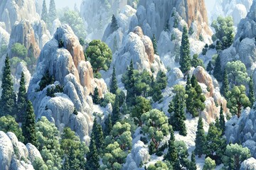 Snowy mountain range, dense forest