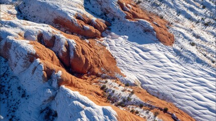A Scene Of Fire And Ice With Snow Covering Red Desert Rocks