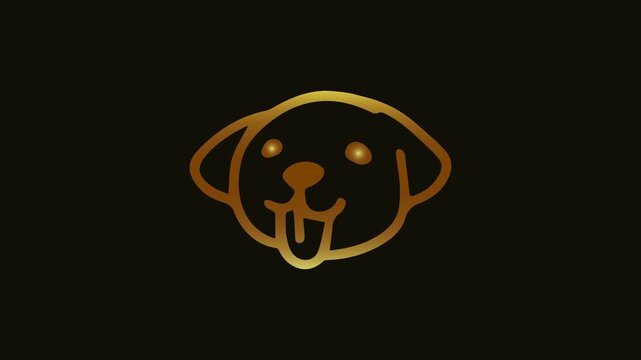 Golden puppy face. Tongue out dog, Line art canine, Cute pet icon, Happy animal logo, Gold illustration, Black background art. Playful pup drawing. Cartoon dog head. Metallic mascot. Golden Puppy.
