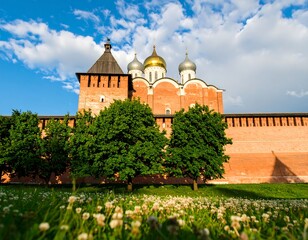 Red brick fortress with green trees and white flowers