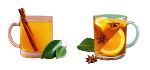 Two mugs of warm spiced drink, one with cinnamon and one with orange slices and star anise