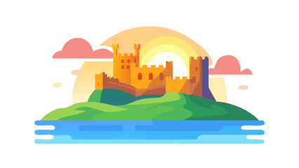 Illustration of a beautiful medieval castle on an island with a sunset background vector graphic design