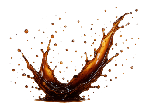 Dynamic coffee splash with droplets and arcs