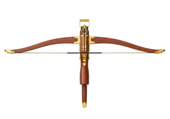 A detailed, symmetrical image of a crossbow, showcasing its wooden components and gold accents against a black background.