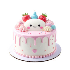 A cute pastel colored cake decorated with strawberries and a smiling character on a Transparent Background