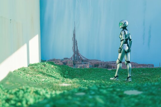 Futuristic robot exploring a vibrant, green alien landscape near a modern city