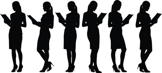 Silhouette of a professional woman reading a book or document in various poses, representing focus, business, and knowledge.