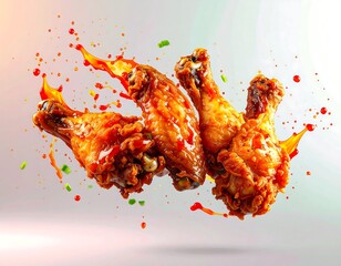 Crispy chicken wings in vibrant sauce splashes