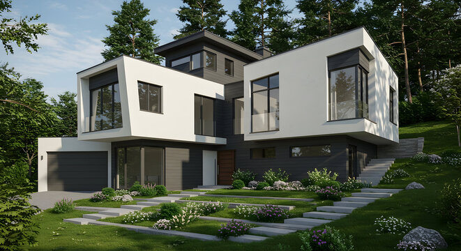 A house with a striking asymmetrical design and floor-to-ceiling windows