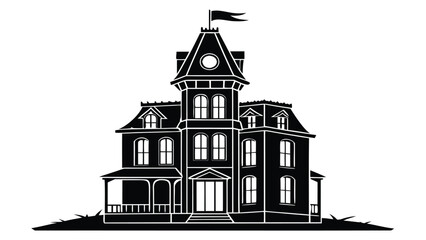 Black Silhouette of a Victorian Haunted House with Flag on Tower mansion gothic