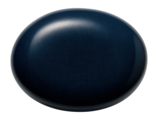 Flat, oval-shaped pebble with a dark blue hue and smooth finish