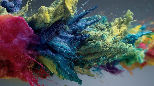 Crisp shot of a bursting paint splash in vivid colors with everything else softly blurred visually expressing the explosive energy of creative transformation.