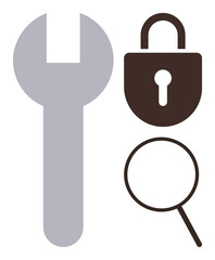 Wrench, padlock, and magnifying glass represent maintenance, security, and inspection. Ideal for concepts in troubleshooting, problem-solving, technology privacy repair and investigation. Simple