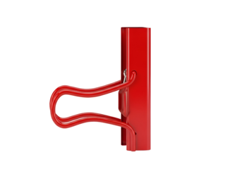 A vivid red, industrial-style clip, presented against a stark black backdrop, showcasing its architectural form and bold color.