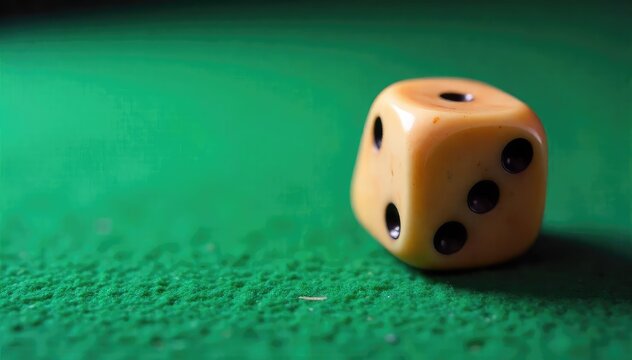 A close-up shot of a single, oddly-shaped die with uneven numbers, resting on a worn green felt surface, subtly hinting at unpredictable outcomes and unusual gambling chances , green, unpredictable