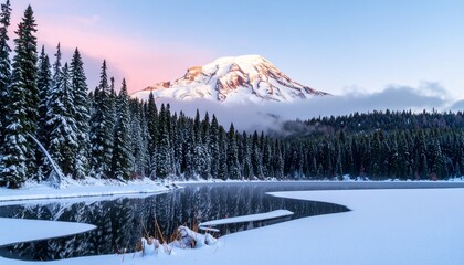 Majestic snow-covered mountain under pink twilight evening sky.
