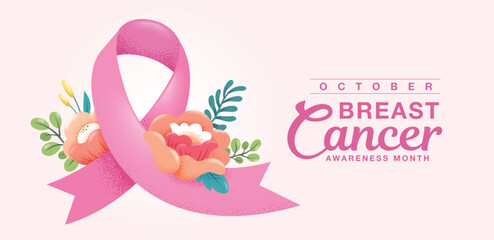 Breast cancer awareness month poster design with pink ribbon and flowers


