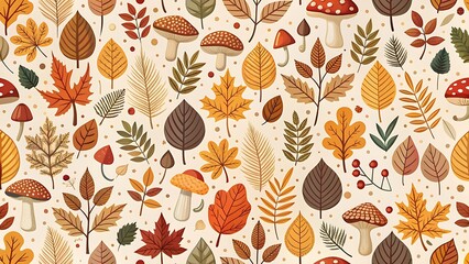 Seamless pattern with autumn leaves and mushrooms in a pixel art style, perfect for fallthemed designs and decorations
