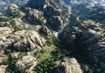 Obraz premium High-angle view of rugged mountain valley. Lush greenery, rocky terrain, winding river