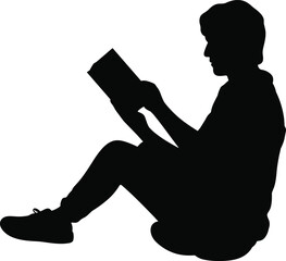 Silhouette of a Young Man Sitting and Reading a Book, Peaceful Study or Relaxation Time, Vector Illustration Isolated