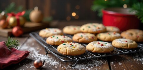 A cozy kitchen scene featuring freshly baked Christmas cookies cooling on a wire rack, surrounded by festive ingredients and decorations ,  oven,  food