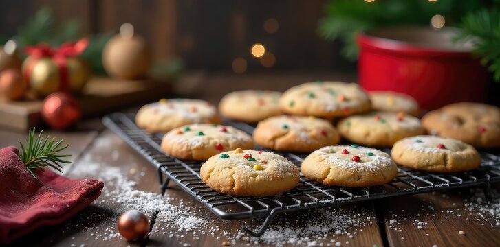 A cozy kitchen scene featuring freshly baked Christmas cookies cooling on a wire rack, surrounded by festive ingredients and decorations ,  oven,  food