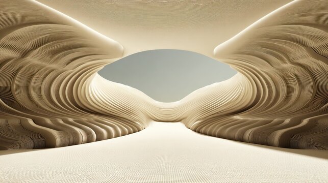 Abstract organic structure with layered, repeating waves and a central opening - Powered by Adobe