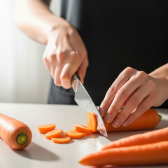 A candid and wholesome shot of a woman's hands slicing fresh, organic carrots on a kitchen counter