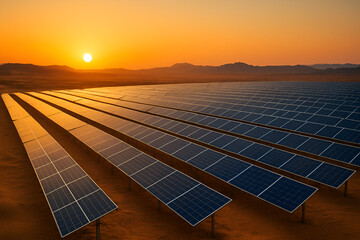 Solar Farm in Desert Landscape at Sunset