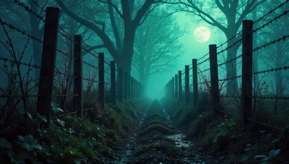 A dense, dark forest of barbed wire fences, overgrown with thorny vines and ominous shadows Perfect for gothic, dystopian, or apocalyptic themes , vines, wild, spooky