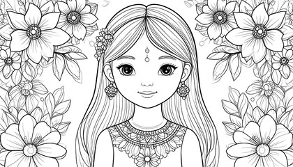 Girl with floral background, intricate detail