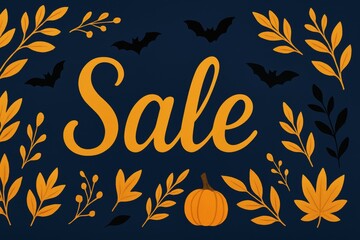 Halloween ecommerce sale. Colorful autumn-themed sale graphic with bats and leaves on a dark background.