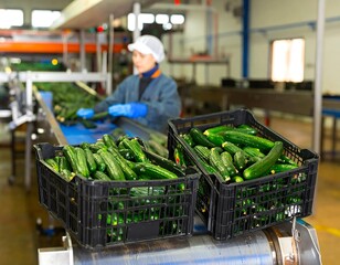 Factory worker sorting cucumbers on conveyor belt
