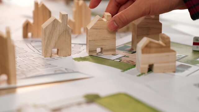 Architect and engineer discuss about building blueprint on table with architectural document, measurement tools scatter around at office, use wooden block for house positioning. Closeup. Delineation.