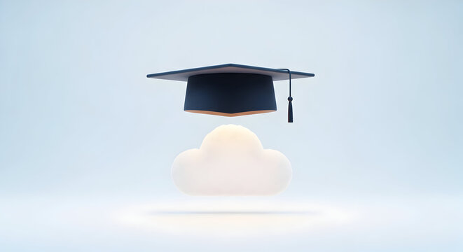 Graduation Cap on Cloud Online Learning Concept (AI Generated)
