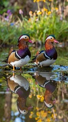 Two mandarin ducks gracefully positioned near a serene body of water, showcasing vibrant plumage and mirrored reflections, creating a tranquil and picturesque scene.