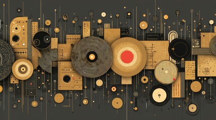 Abstract design of golden discs and geometric shapes