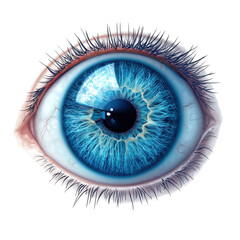 Detailed closeup of a vibrant blue human eye with intricate iris patterns and long eyelashes against a stark creating a striking visual on transparent background