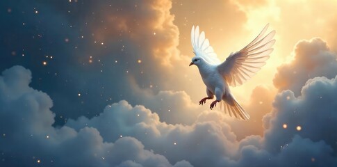 A gentle dove descends, bathed in ethereal light, symbolizing hope, peace, and spiritual release Perfect for religious, inspirational, or fantasy themes , heavenly, escape