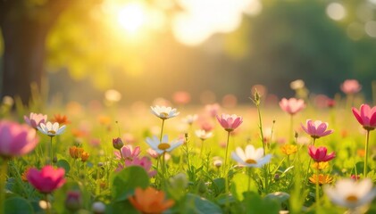 Spring Wildflowers Swaying in Gentle Breeze, Sunlit Field, Vibrant Botany, New Growth, Warm Sunlight