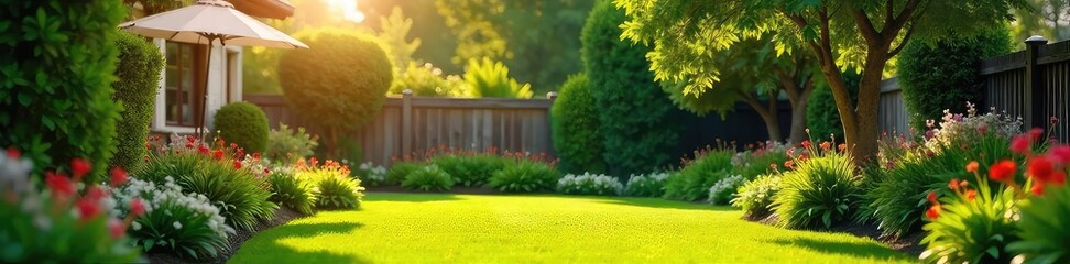 A homeowner proudly surveys their newly landscaped backyard, lush greenery thriving under the summer sun The vibrant flowers and well-maintained lawn create a peaceful oasis , backyard, garden