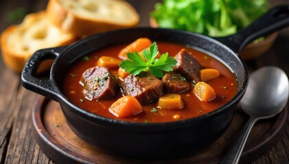 A hearty, rustic meal of beef stew simmering in a cast iron pot, accompanied by crusty bread and a simple green salad  Perfect for a cold evening ,  spices,  fresh,  ingredients