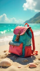 A joyful backpack rests on a sun-drenched beach, seashells scattered nearby, evoking feelings of carefree travel and summer bliss The vibrant scene suggests adventure and relaxation , sea, fun