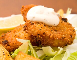 Crispy fish and chips with a creamy sauce