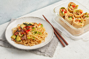 Tortillas and Asian noodle stir-fry