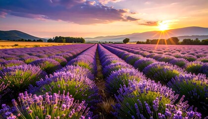 Lavender field glows under a vibrant sunset sky with rolling hills in the distance, creating a serene and beautiful landscape. The lavender rows stretch to the horizon, full of color